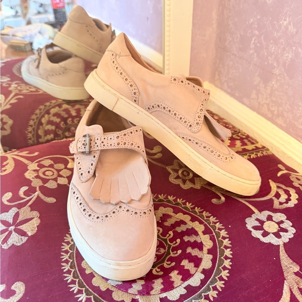 Blush Frye Suede Kiltie Buckle Loafers - Picture 2 of 11